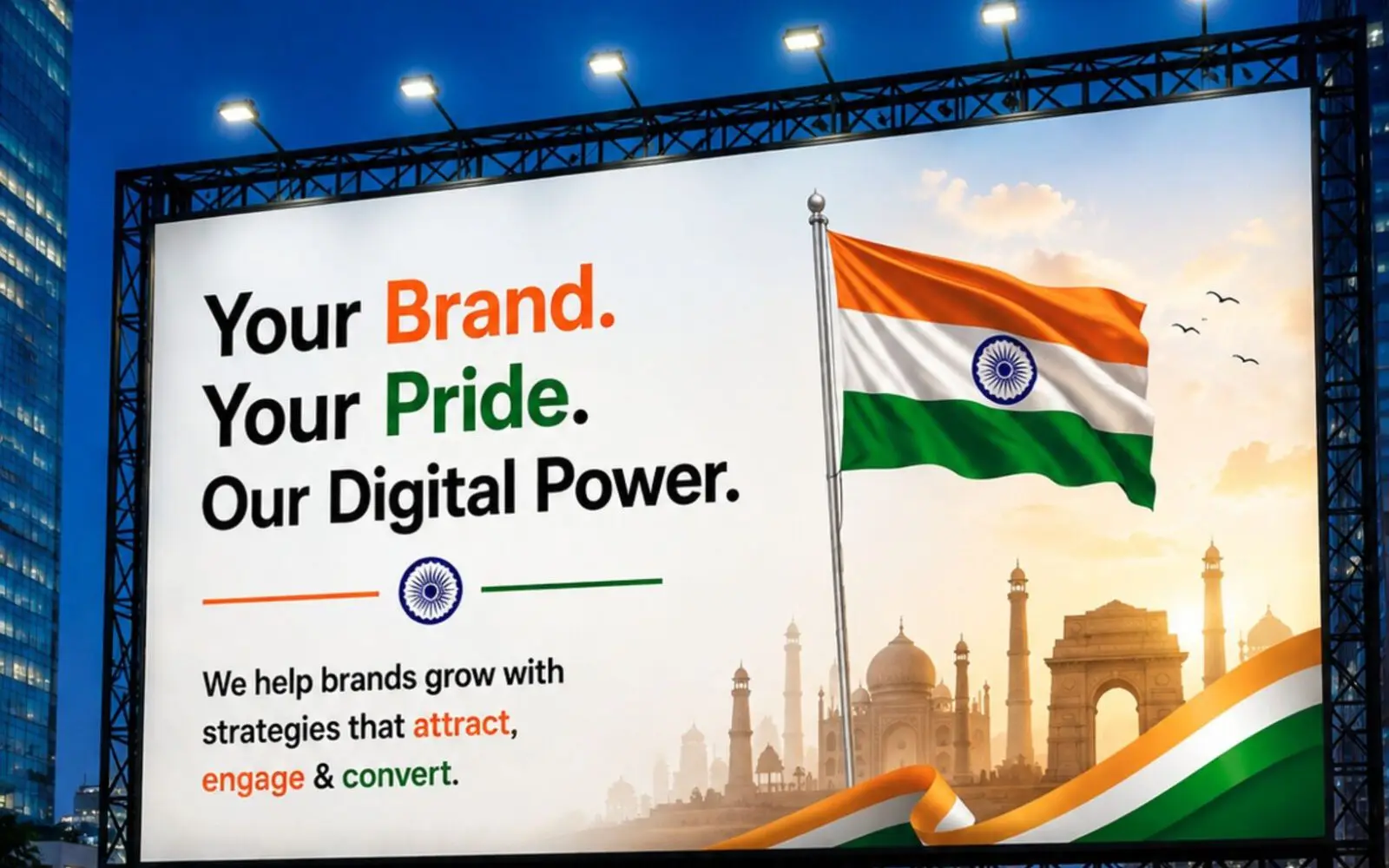 A lit hoarding carrying a tricolour brand campaign
